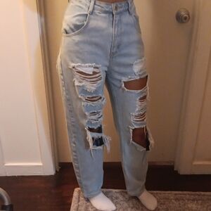Fashion Nova Light Blue Distressed Boyfriend Jeans
